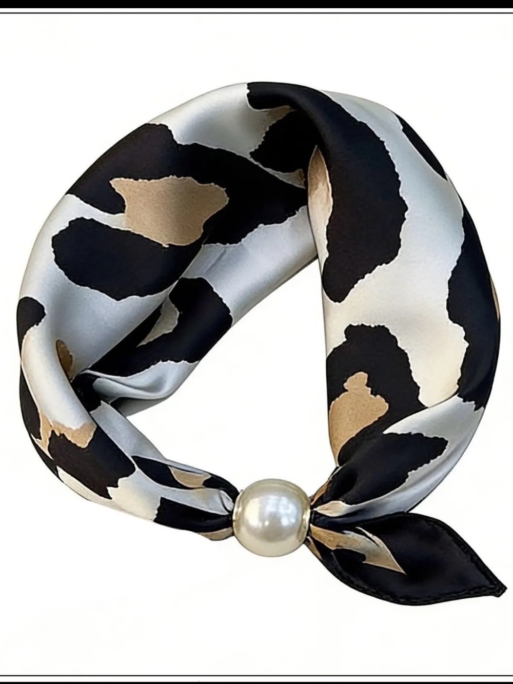 MADE IN FRANCE Animal Print Necklace Scarf with Pearl Ring - Black, White & Tan